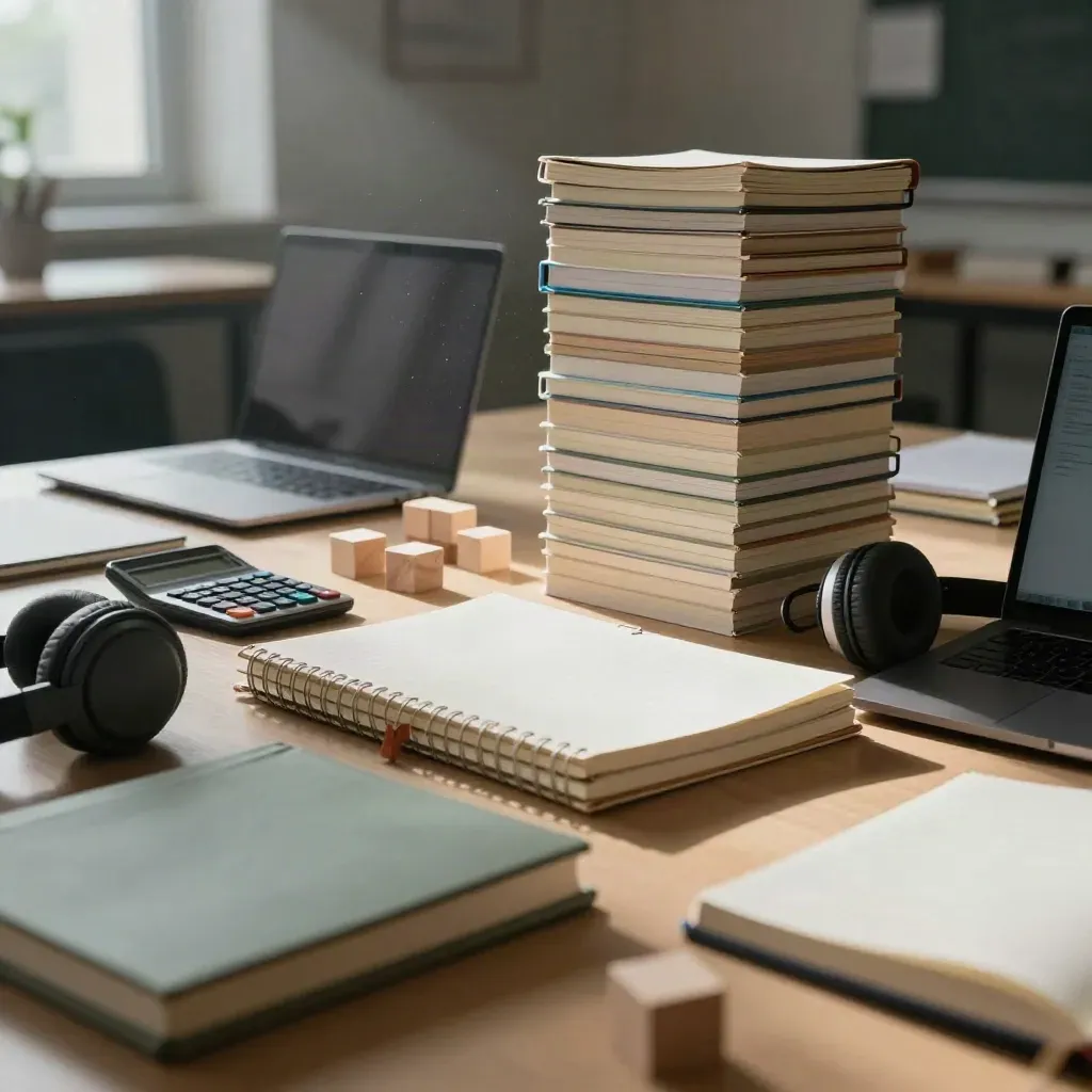 Monumentalne studio edukacyjne z notebookami, laptopami i blokami w świetle po deszczu.