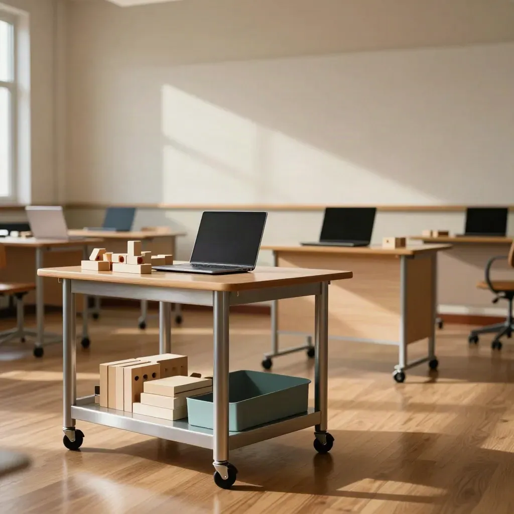 Sala warsztatowa przed lekcją, z wózkiem materiałów, laptopami i klockami kodowania.