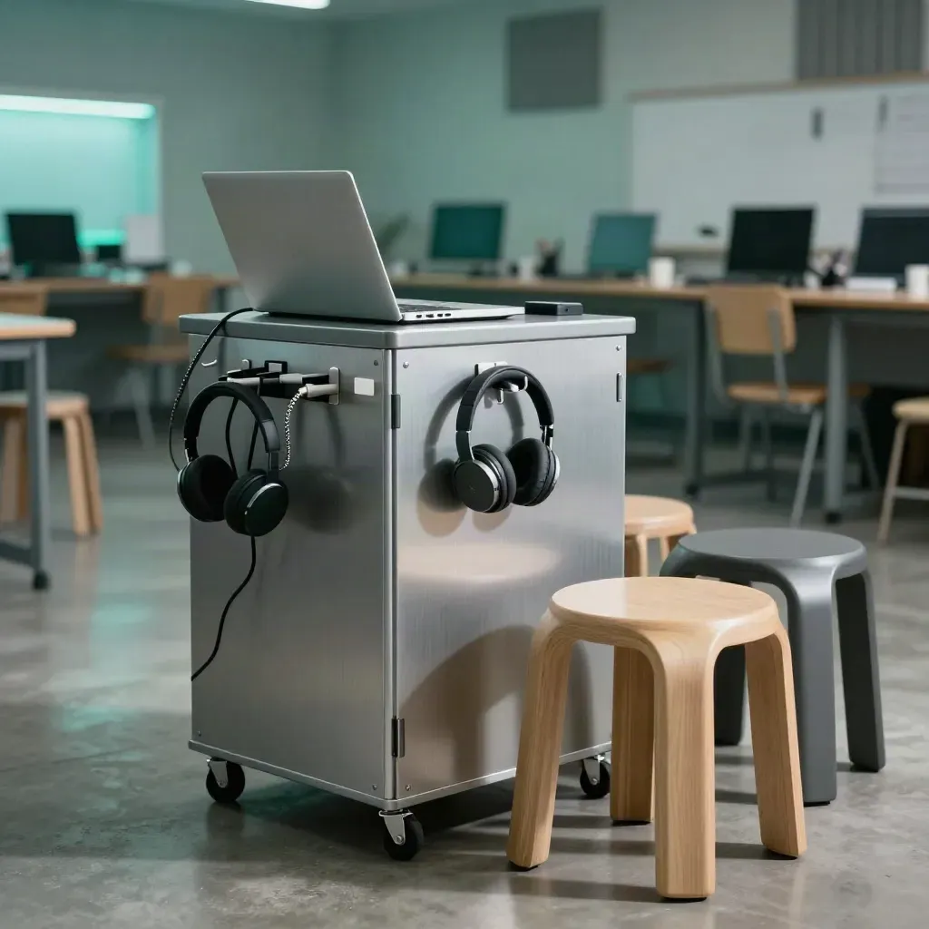 Wózek z zamkniętymi laptopami, słuchawkami i stołkami w szkolnej pracowni medialnej.