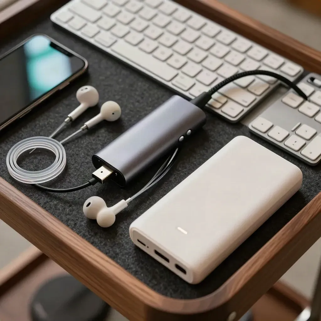Makro zestawu trenera cyfrowego: hub USB, słuchawki, klipsy, klawiatura i stojak na tablet.