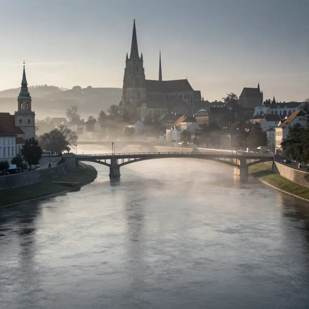 Mglisty Wrocław z mostami i wieżami katedry nad Odrą o zmierzchu