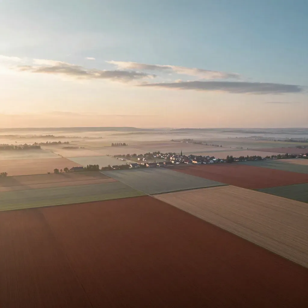 Poranne pola Polski z niskimi miasteczkami i mgłą, dużo spokojnej przestrzeni na nagłówek.
